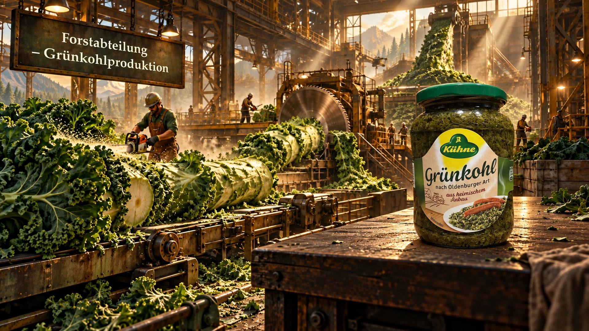 Das geheime Grünkohl-Sägewerk – fiktive satirische Fotomontage