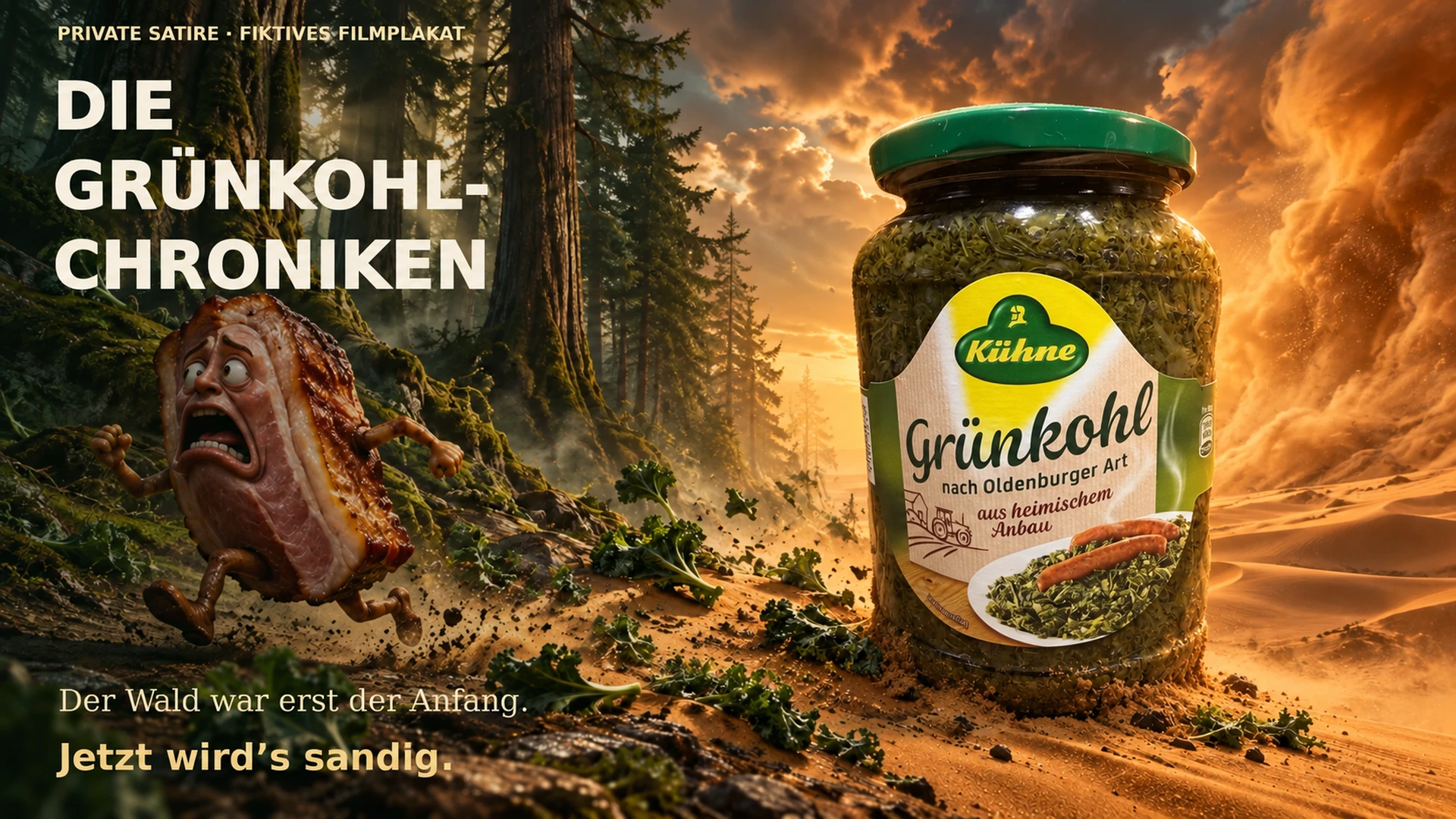 DIE GRÜNKOHL-CHRONIKEN. Der Wald war erst der Anfang. Jetzt wird’s sandig. Satirisches Filmplakat mit originalem Kühne-Glas nach Oldenburger Art.