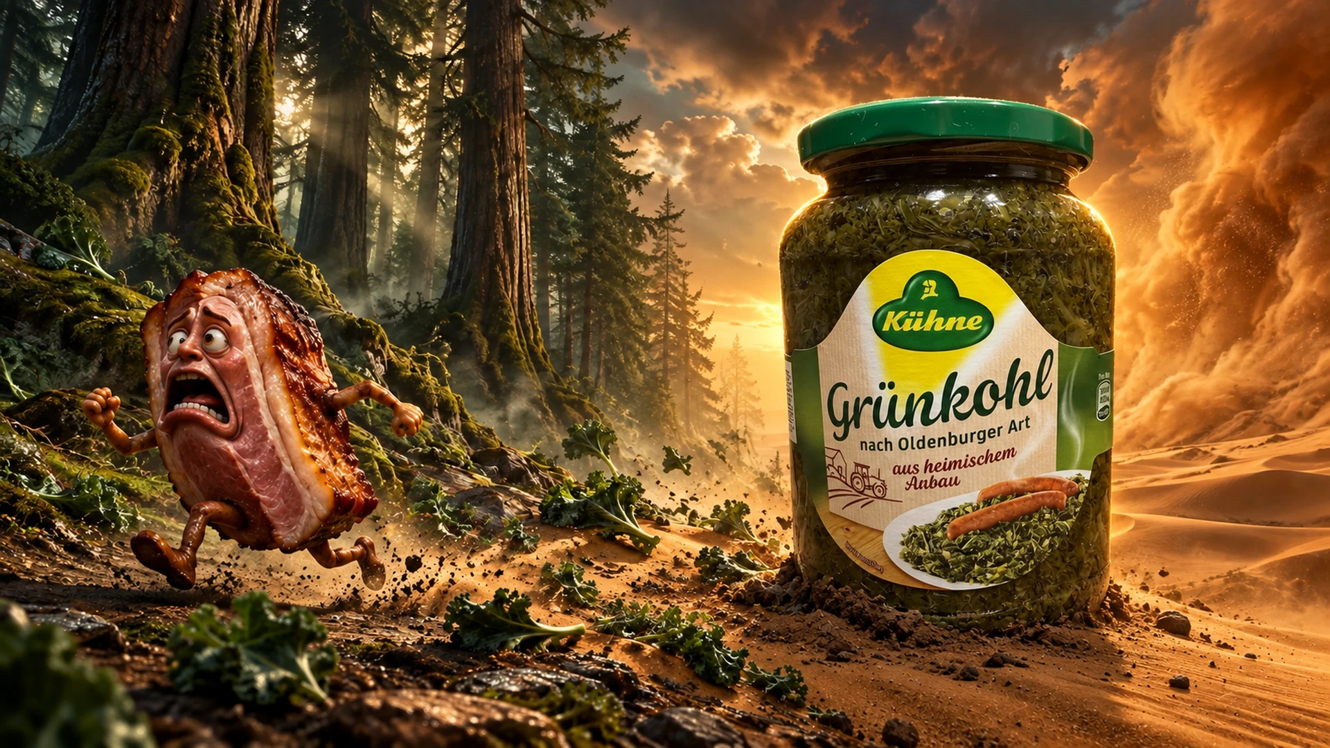 Fiktives Kinoplakat: ein riesiges Grünkohlglas zwischen Wald und Wüste, ein fliehendes Kasseler